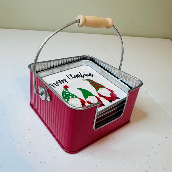 Holiday Christmas Gnome Coaster Set 4 tin coasters plus holder with handle - Picture 13 of 14